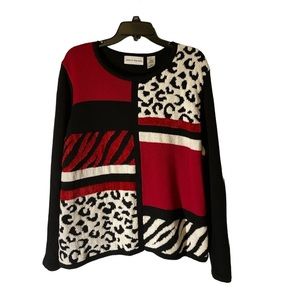 Alfred Dunner Womens XL Red Black White Long Sleeve Animal Print Sweater EUC